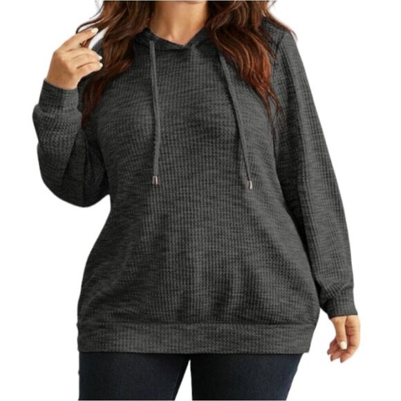Bloomchic Gray Waffle Knit Hooded Drawstring sweatshirt - Picture 1 of 8